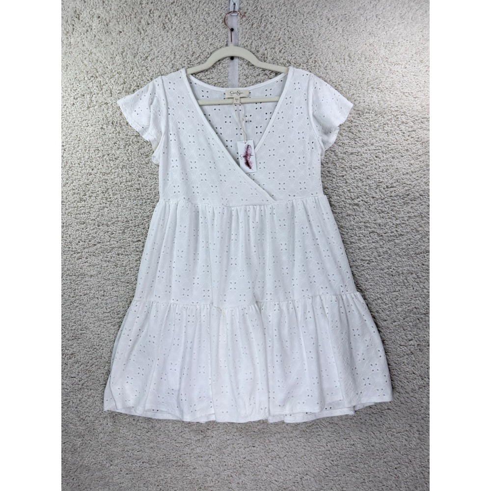 Jessica Simpson Eyelet Tiered Top Womens L White V-Neck Flutter Sleeve D7883E